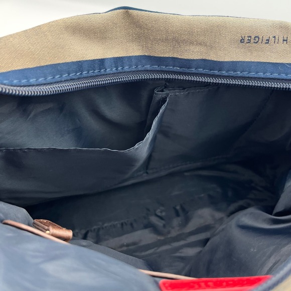 Tommy Hilfiger Satchel Bag Navy Tan Striped Barrel Handbag Purse Travel - Picture 13 of 16